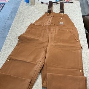 Carhartt Brown Duck Canvas Bib Overalls with Dark Brown Straps Zip and Snap leg